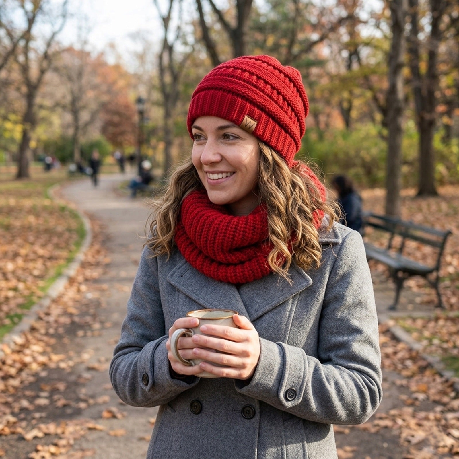 Wrapables Winter Warm Knitted Infinity Scarf and Beanie Hat Set, Red