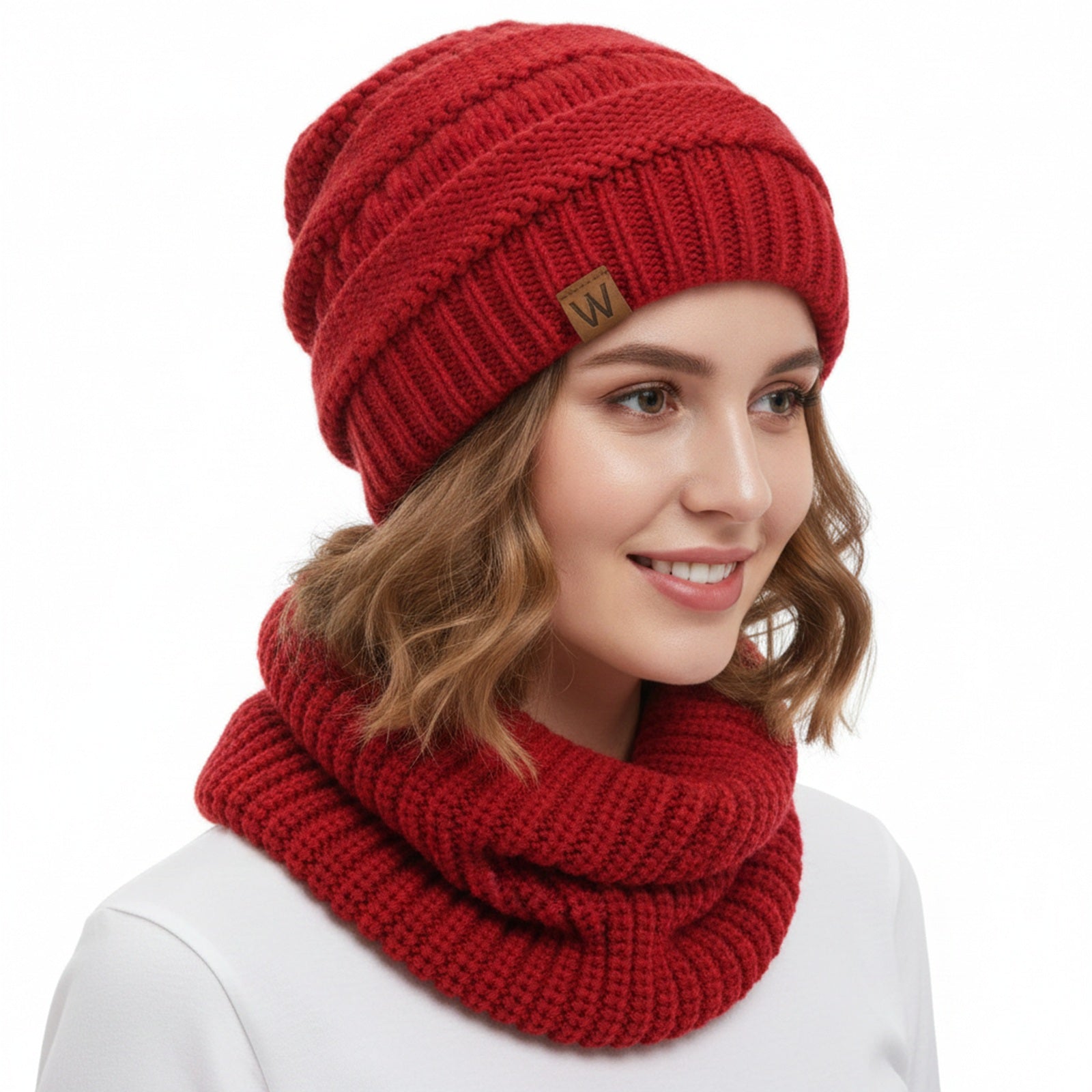 Wrapables Winter Warm Knitted Infinity Scarf and Beanie Hat Set, Red