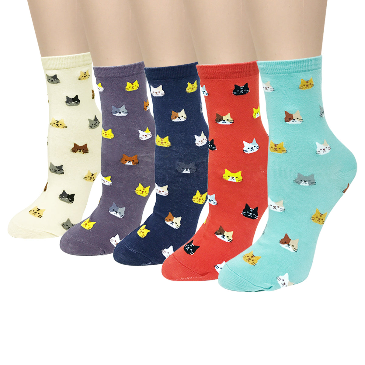 Wrapables Novelty Animal Print Crew Socks (Set of 5), Cat Face