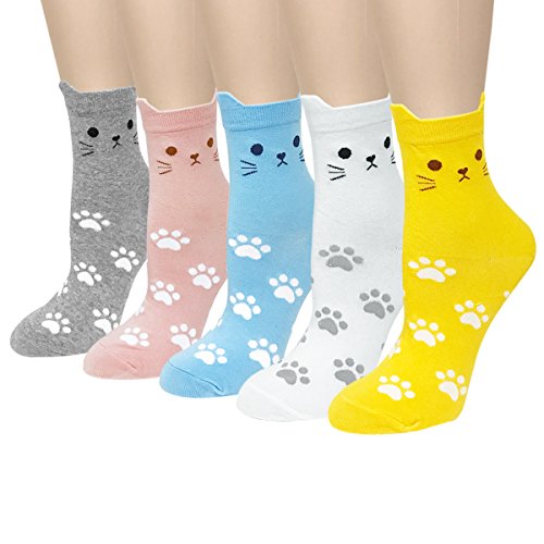 Wrapables Novelty Animal Print Crew Socks (Set of 5), Whiskers and Paws