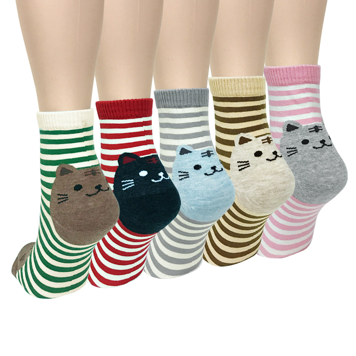 Wrapables Novelty Animal Print Crew Socks (Set of 5), Cats and Stripes