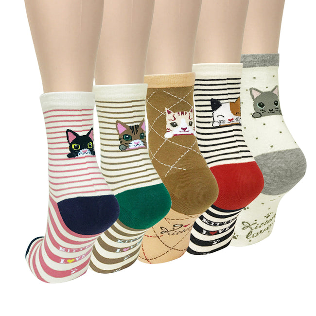 Wrapables Novelty Animal Print Crew Socks (Set of 5), Cutie Cat