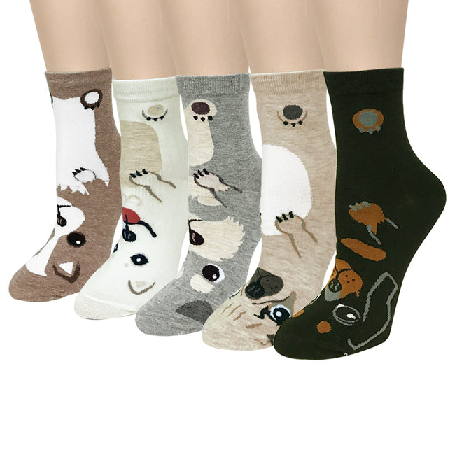 Wrapables Novelty Animal Print Crew Socks (Set of 5), Adorable Puppy Face