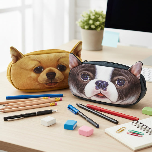 Wrapables Dog Face Zippered Pencil Pouch and Case (Set of 2), Chihuahua & Bulldog