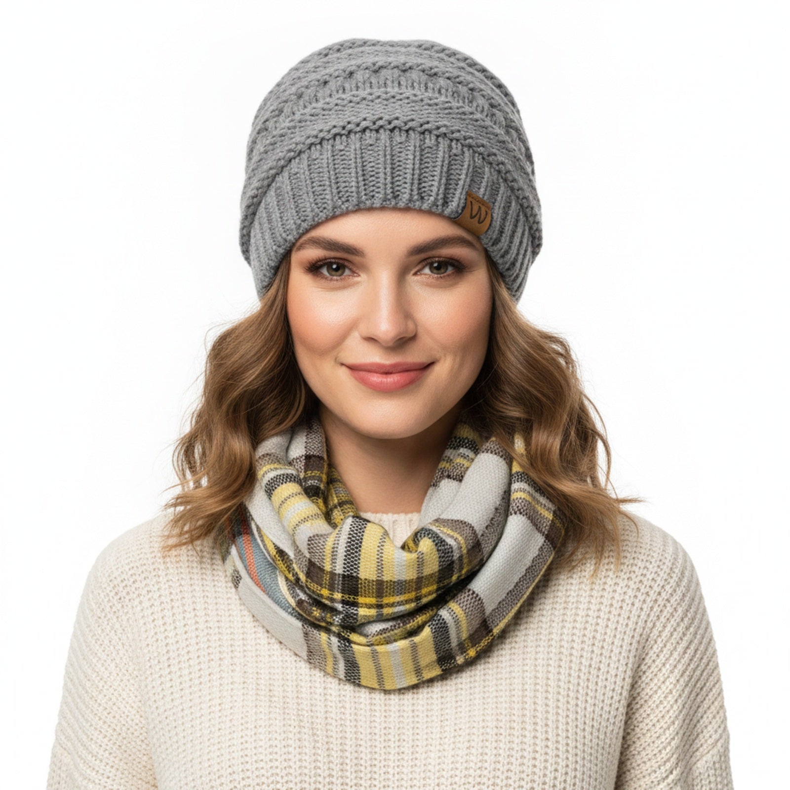 Wrapables Women's Plaid Print Infinity Scarf and Beanie Hat Set