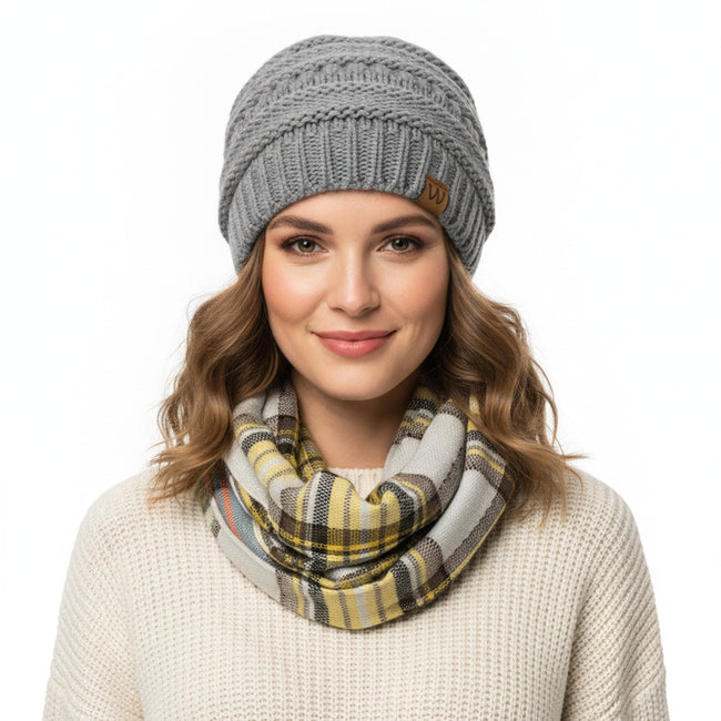 Wrapables Plaid Print Infinity Scarf and Beanie Hat Set, Tan/Orange and Gray Set