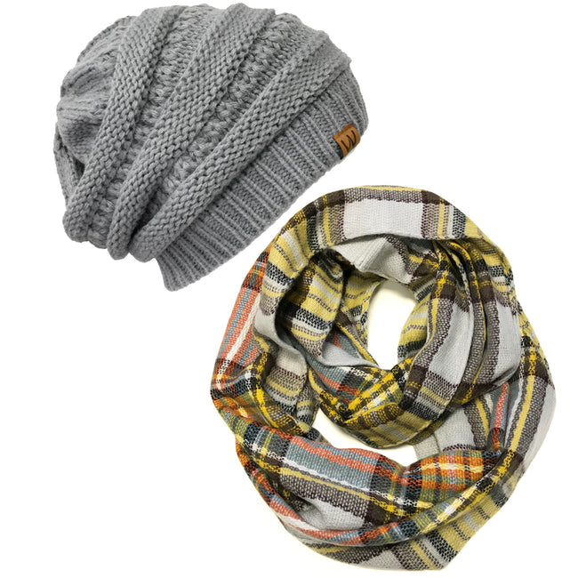 Wrapables Plaid Print Infinity Scarf and Beanie Hat Set, Tan/Orange and Gray Set