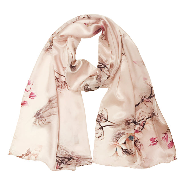 Wrapables Luxurious 100% Charmeuse Silk Long Scarf with Hand Rolled Edges, Pink Flora