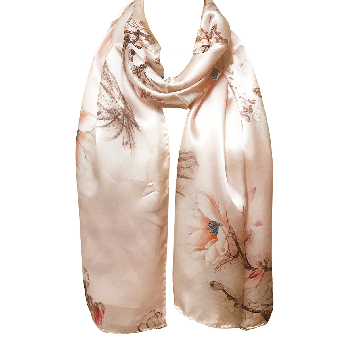 Wrapables Luxurious 100% Charmeuse Silk Long Scarf with Hand Rolled Edges, Pink Flora