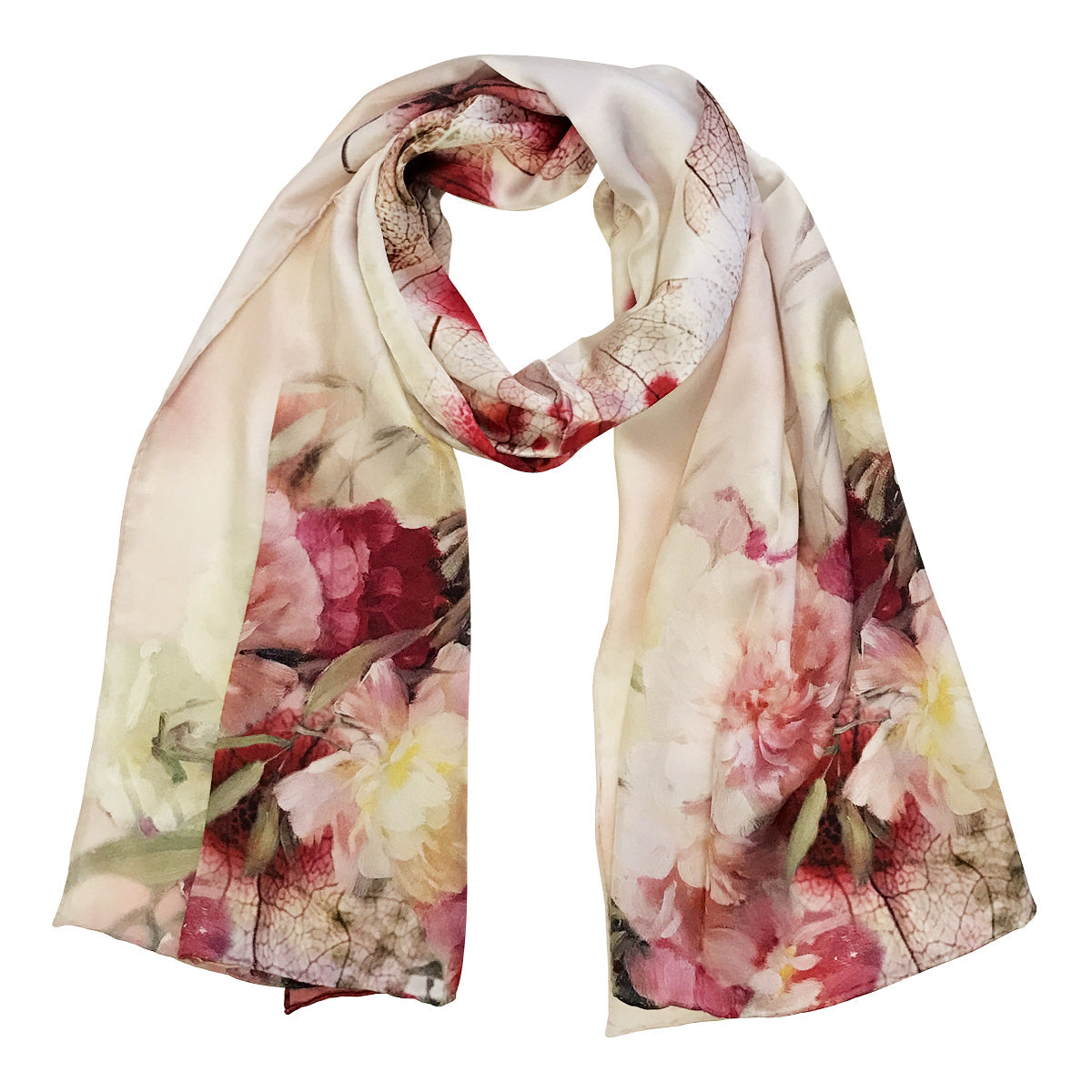 Wrapables Luxurious 100% Charmeuse Silk Long Scarf with Hand Rolled Edges, Pink Peonies