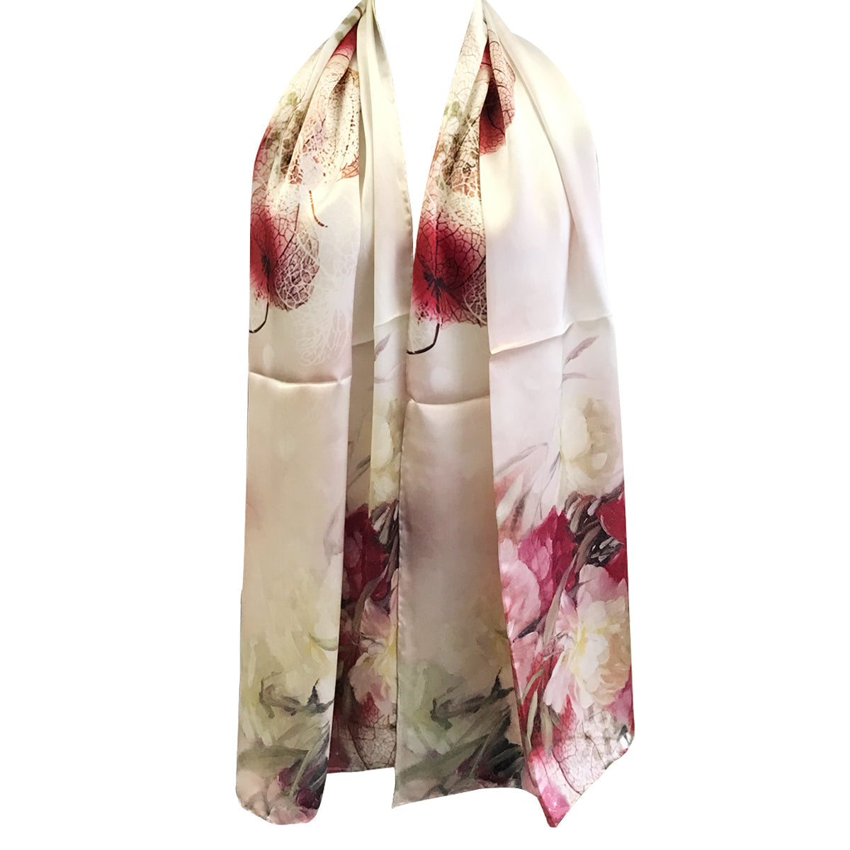 Wrapables Luxurious 100% Charmeuse Silk Long Scarf with Hand Rolled Edges, Pink Peonies