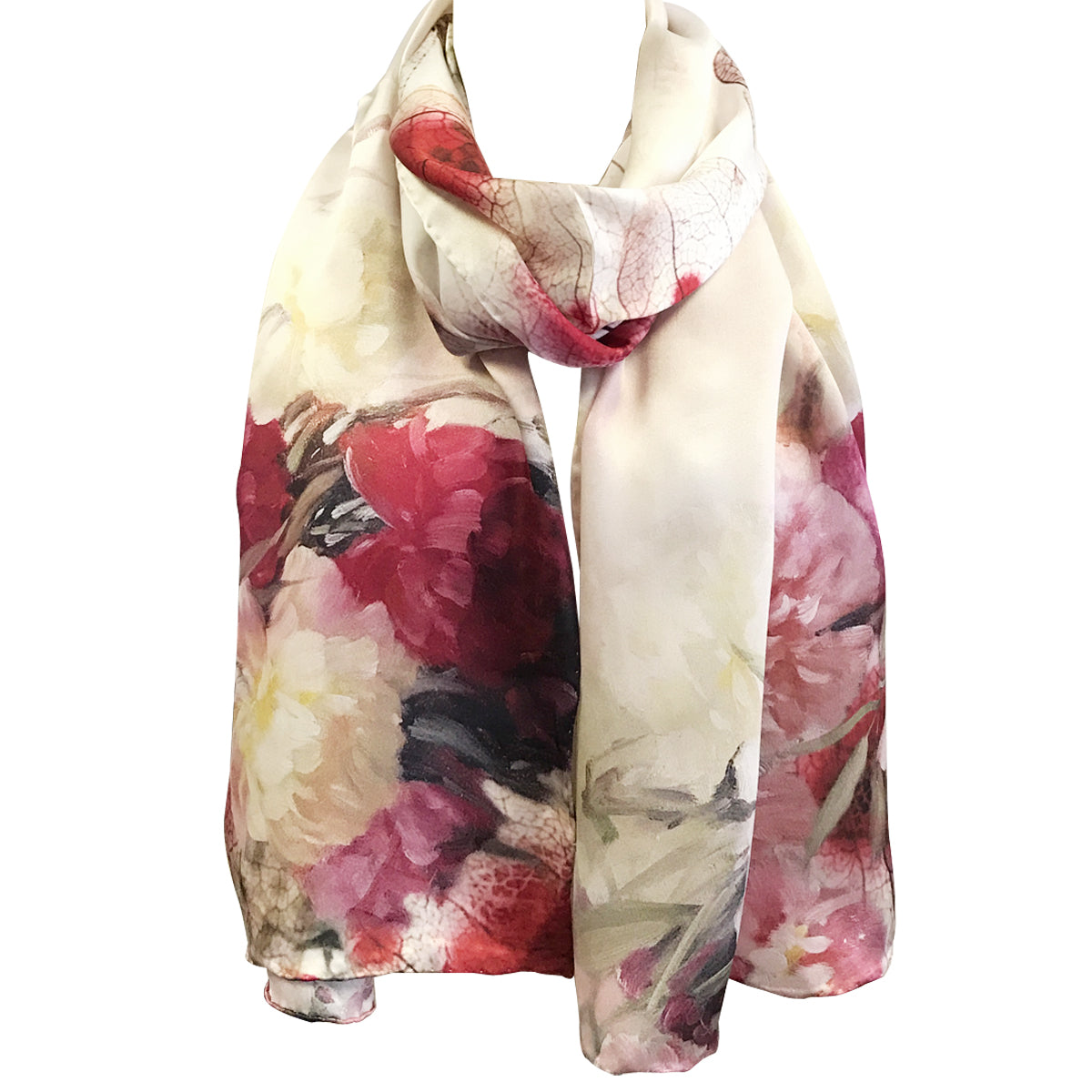 Wrapables Luxurious 100% Charmeuse Silk Long Scarf with Hand Rolled Edges, Pink Peonies