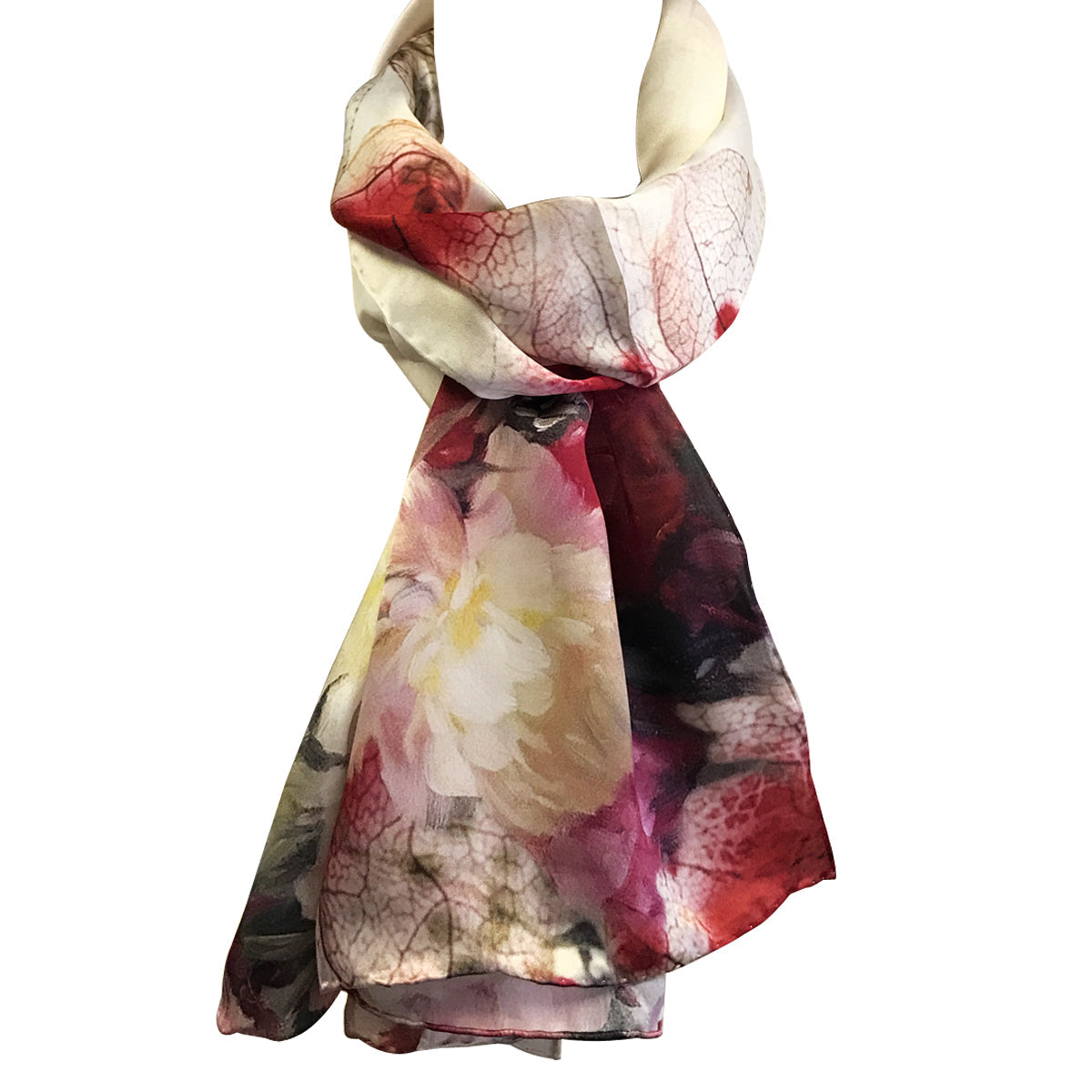 Wrapables Luxurious 100% Charmeuse Silk Long Scarf with Hand Rolled Edges, Pink Peonies