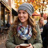 Wrapables Plaid Print Infinity Scarf and Beanie Hat Set, Gray/Wine and Gray Set