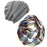 Wrapables Plaid Print Infinity Scarf and Beanie Hat Set, Gray/Wine and Gray Set