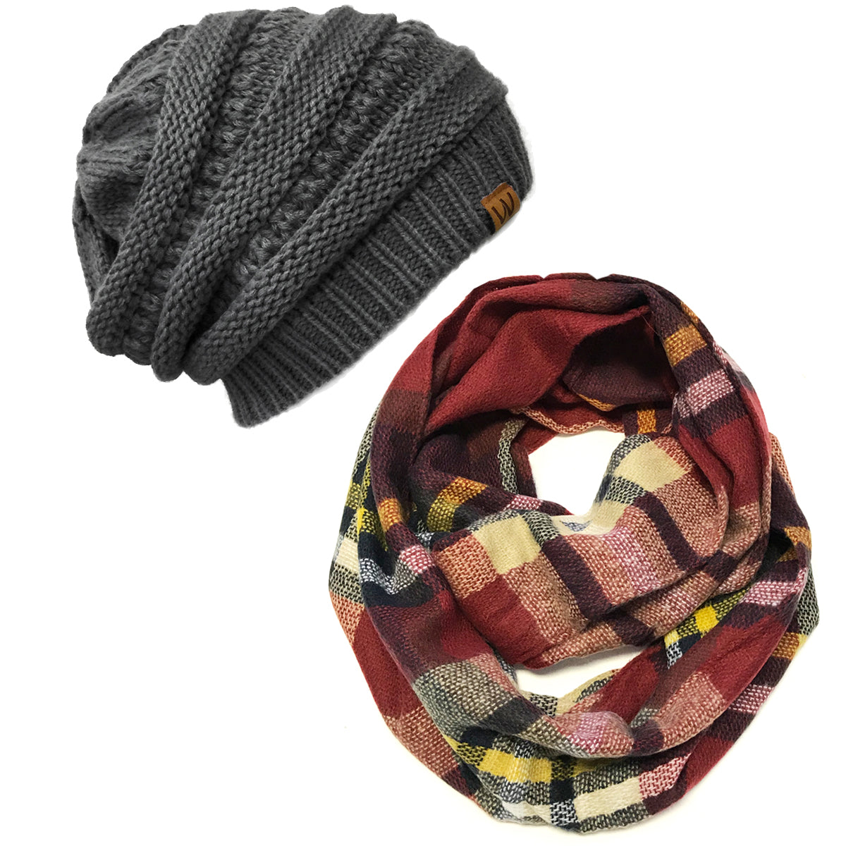 Wrapables Plaid Print Infinity Scarf and Beanie Hat Set, Red/Black and Charcoal Grey Set