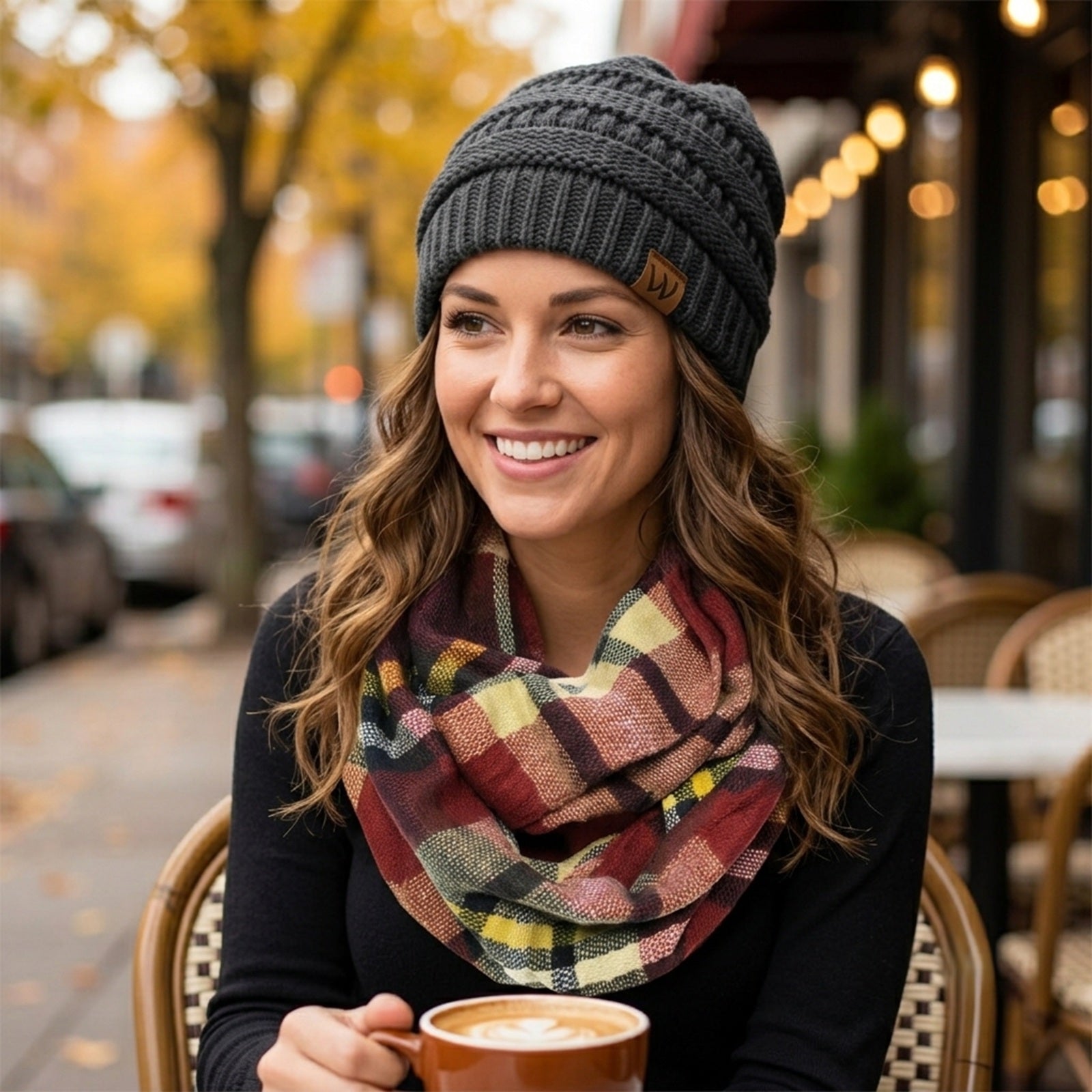 Wrapables Women's Plaid Print Infinity Scarf and Beanie Hat Set