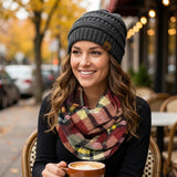 Wrapables Plaid Print Infinity Scarf and Beanie Hat Set, Red/Black and Charcoal Grey Set