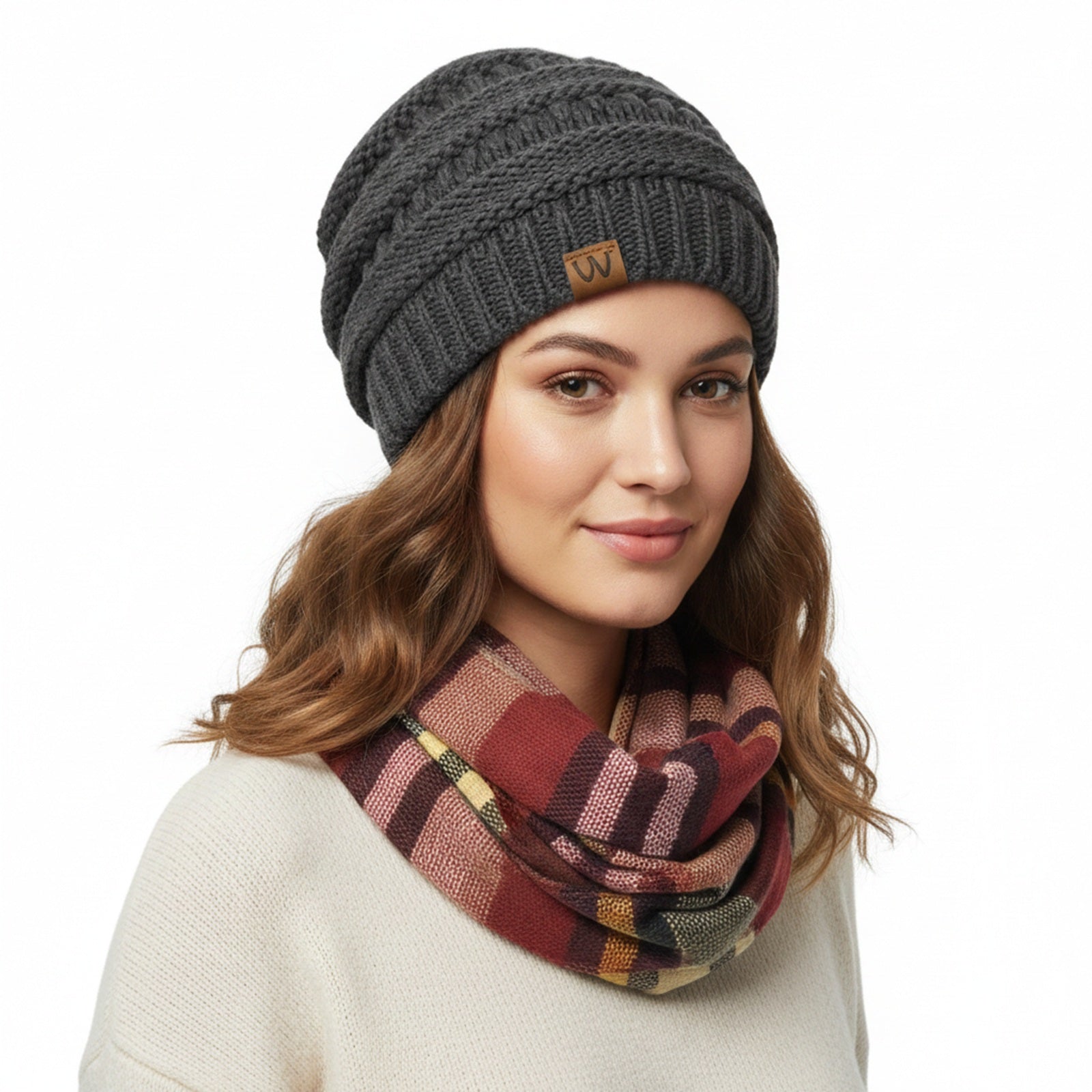 Wrapables Women's Plaid Print Infinity Scarf and Beanie Hat Set