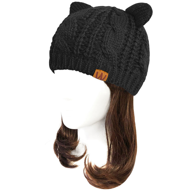 Wrapables Winter Warm Cable Knit Cat Ears Beanie, Black