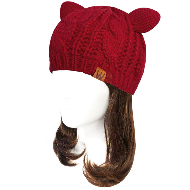 Wrapables Winter Warm Cable Knit Cat Ears Beanie, Burgundy