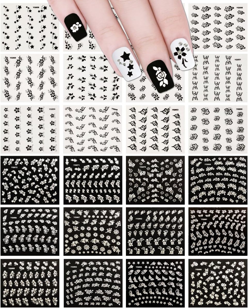 Wrapables Sparkly Black & White Flower Nail Art Sparkle Flower Nail Stickers (24 sheets)