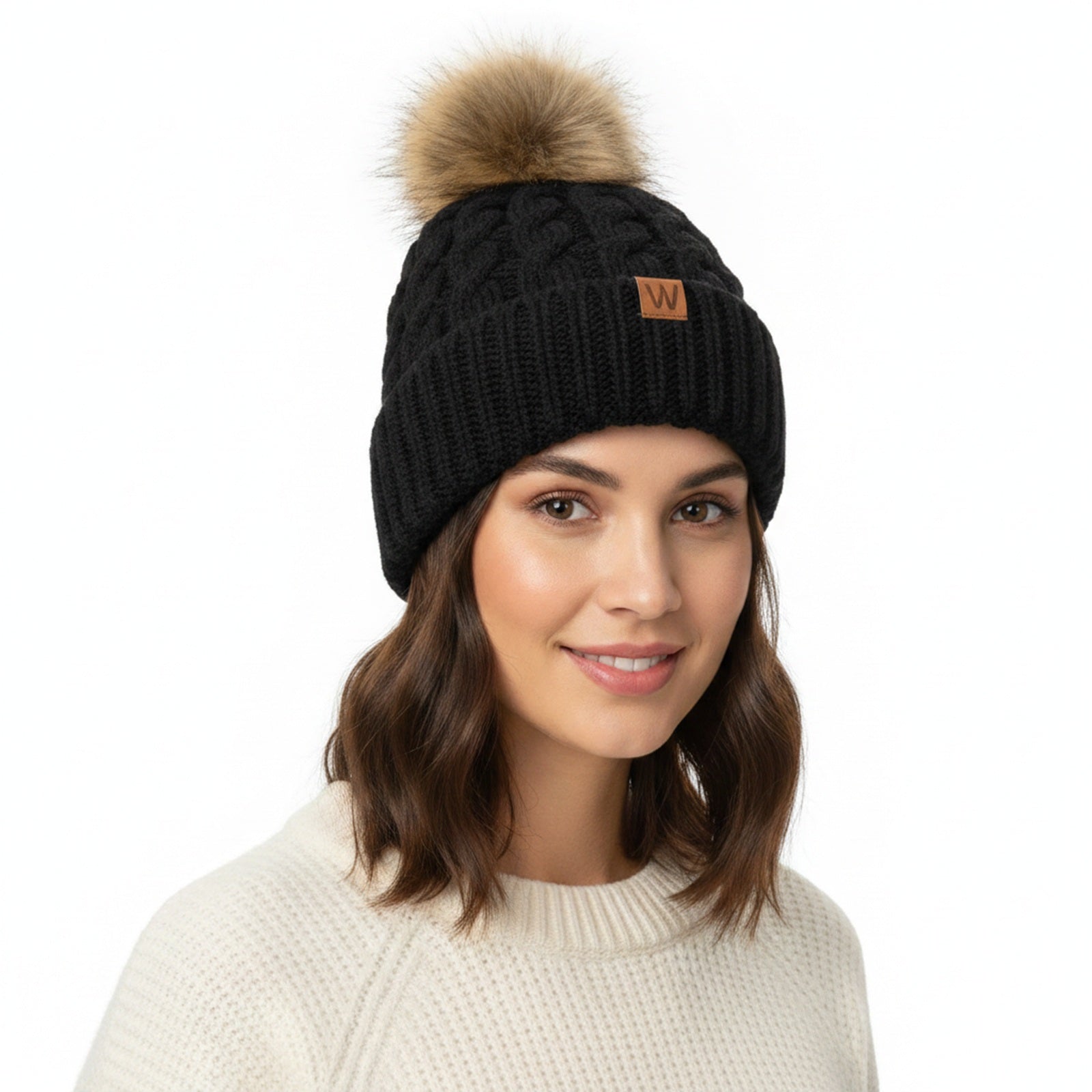 Wrapables Cable Knit Faux Fur Pom Pom Beanie