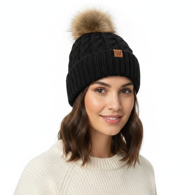 Wrapables Cable Knit Faux Fur Pom Pom Beanie