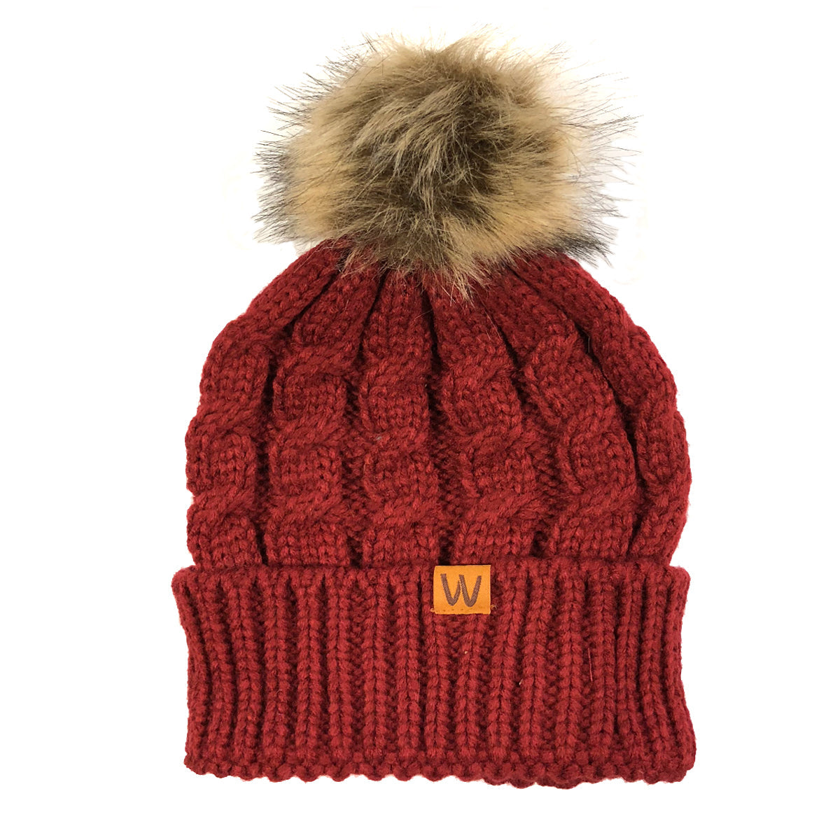 Wrapables Cable Knit Faux Fur Pom Pom Beanie, Adult Burgundy