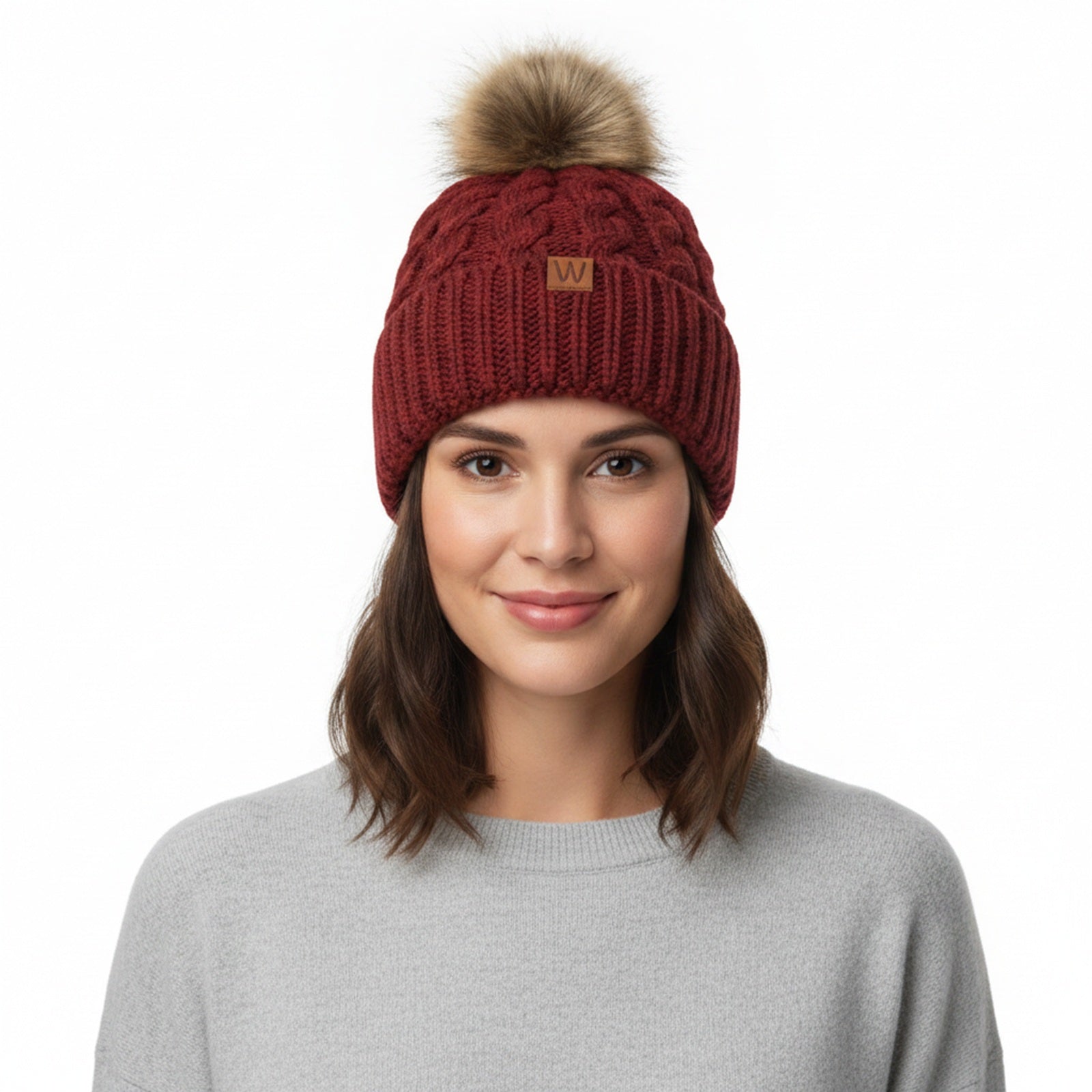 Wrapables Cable Knit Faux Fur Pom Pom Beanie