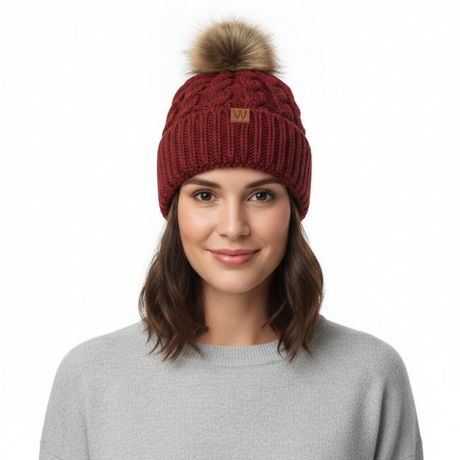 Wrapables Cable Knit Faux Fur Pom Pom Beanie, Adult Burgundy