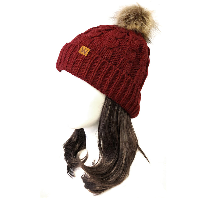 Wrapables Cable Knit Faux Fur Pom Pom Beanie, Mommy & Me Set Burgundy