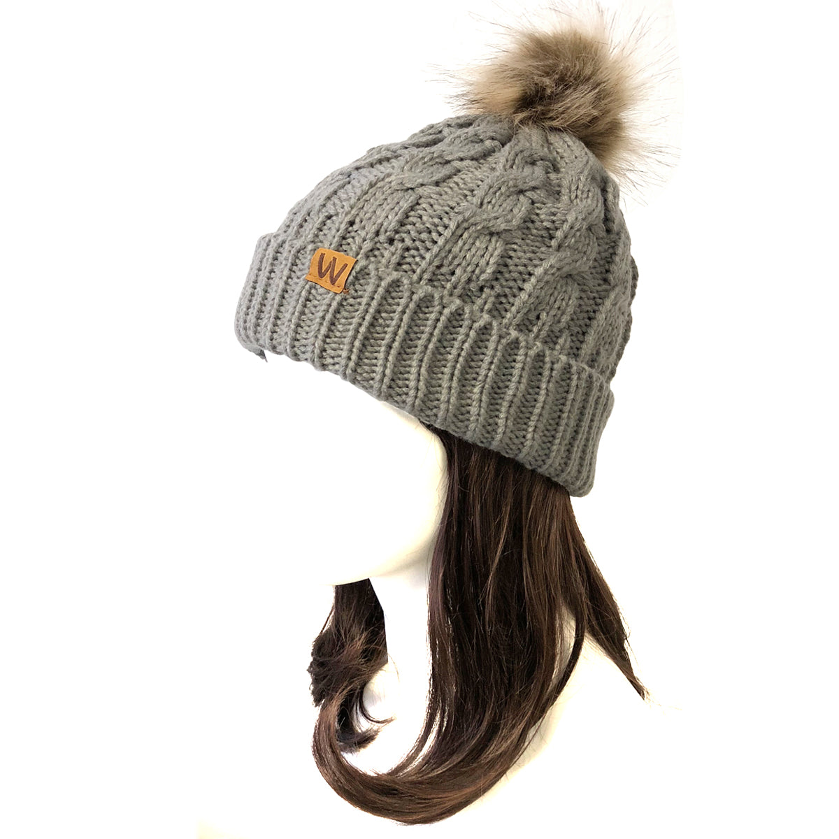 Wrapables Cable Knit Faux Fur Pom Pom Beanie, Adult Gray