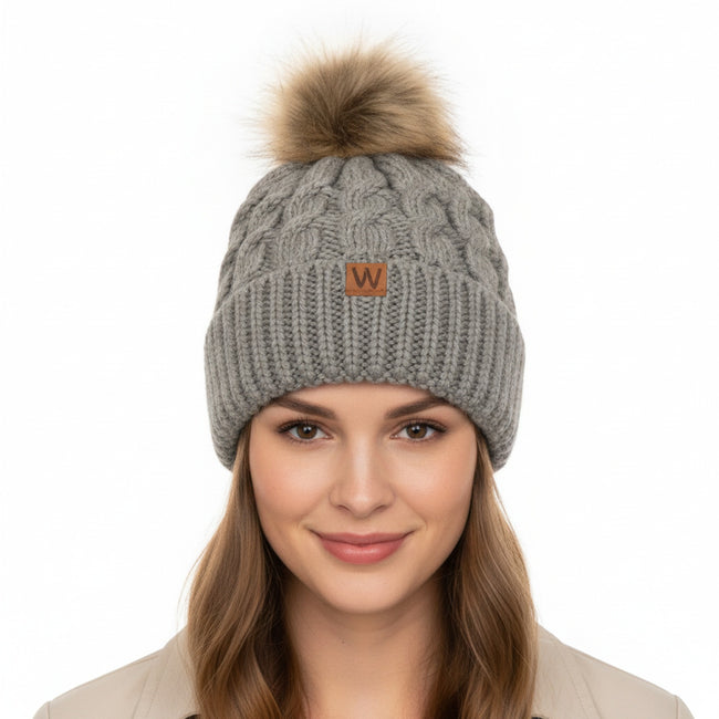Wrapables Cable Knit Faux Fur Pom Pom Beanie, Adult Gray