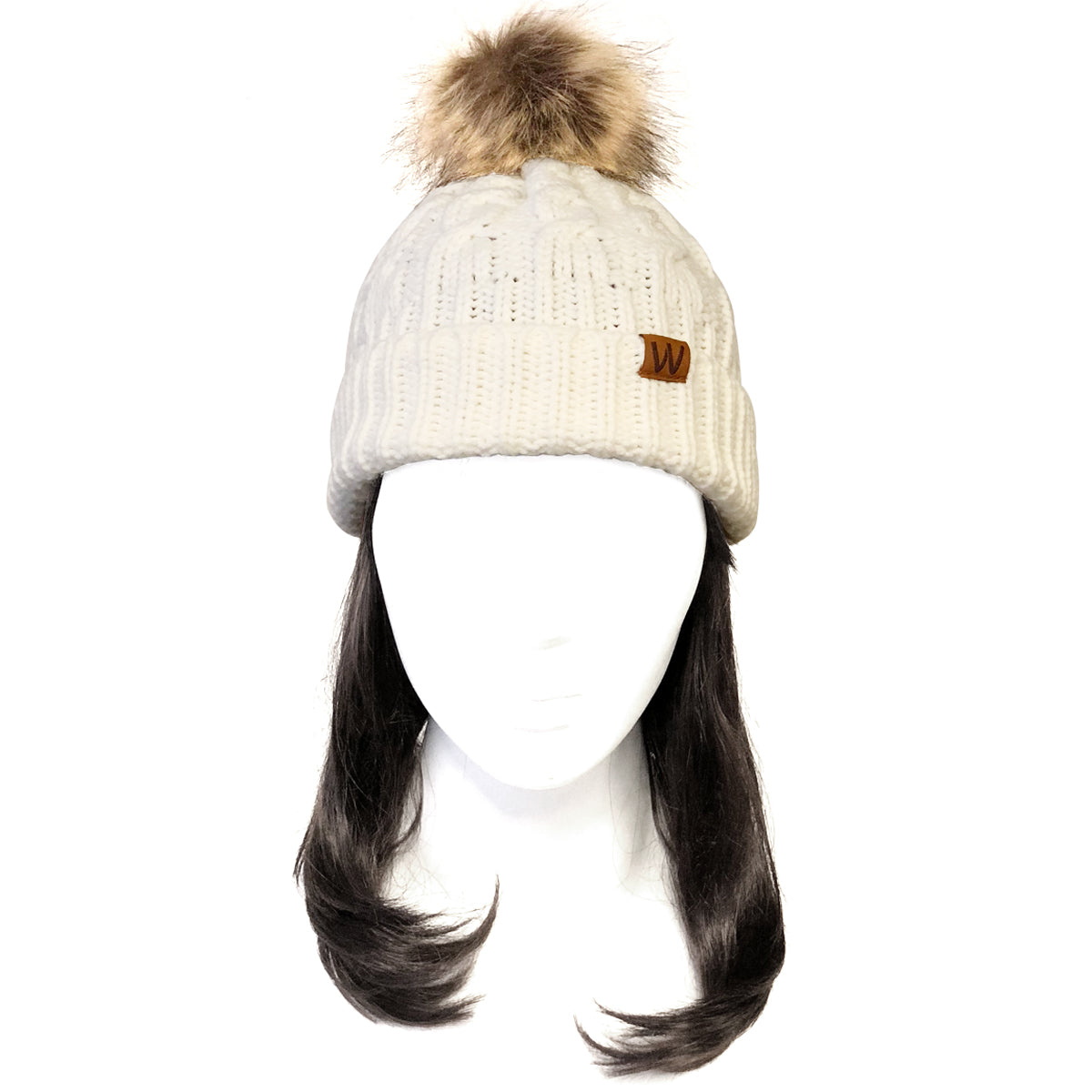 Wrapables Cable Knit Faux Fur Pom Pom Beanie, Adult Cream