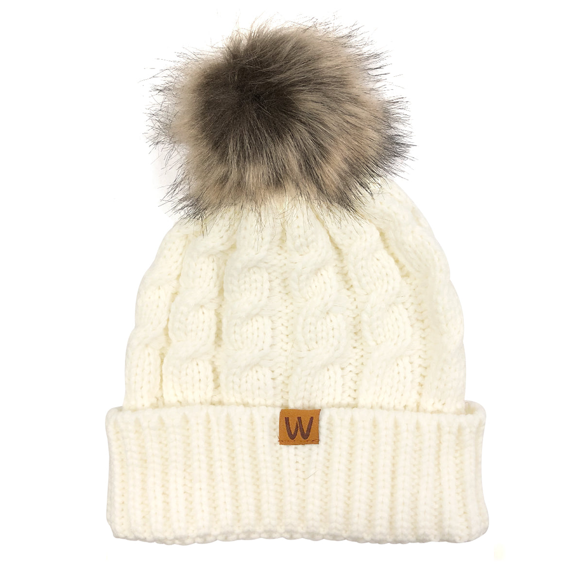 Wrapables Cable Knit Faux Fur Pom Pom Beanie, Adult Cream