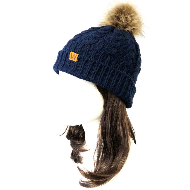 Wrapables Cable Knit Faux Fur Pom Pom Beanie, Adult Dark Blue