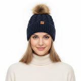 Wrapables Cable Knit Faux Fur Pom Pom Beanie