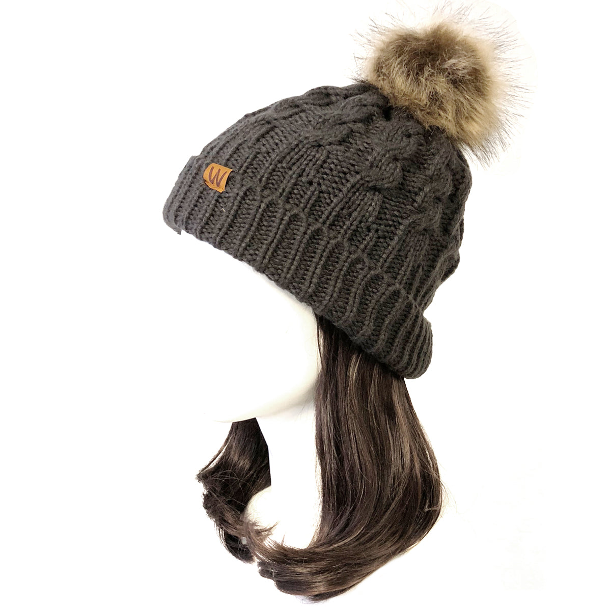 Wrapables Cable Knit Faux Fur Pom Pom Beanie, Adult Charcoal Gray