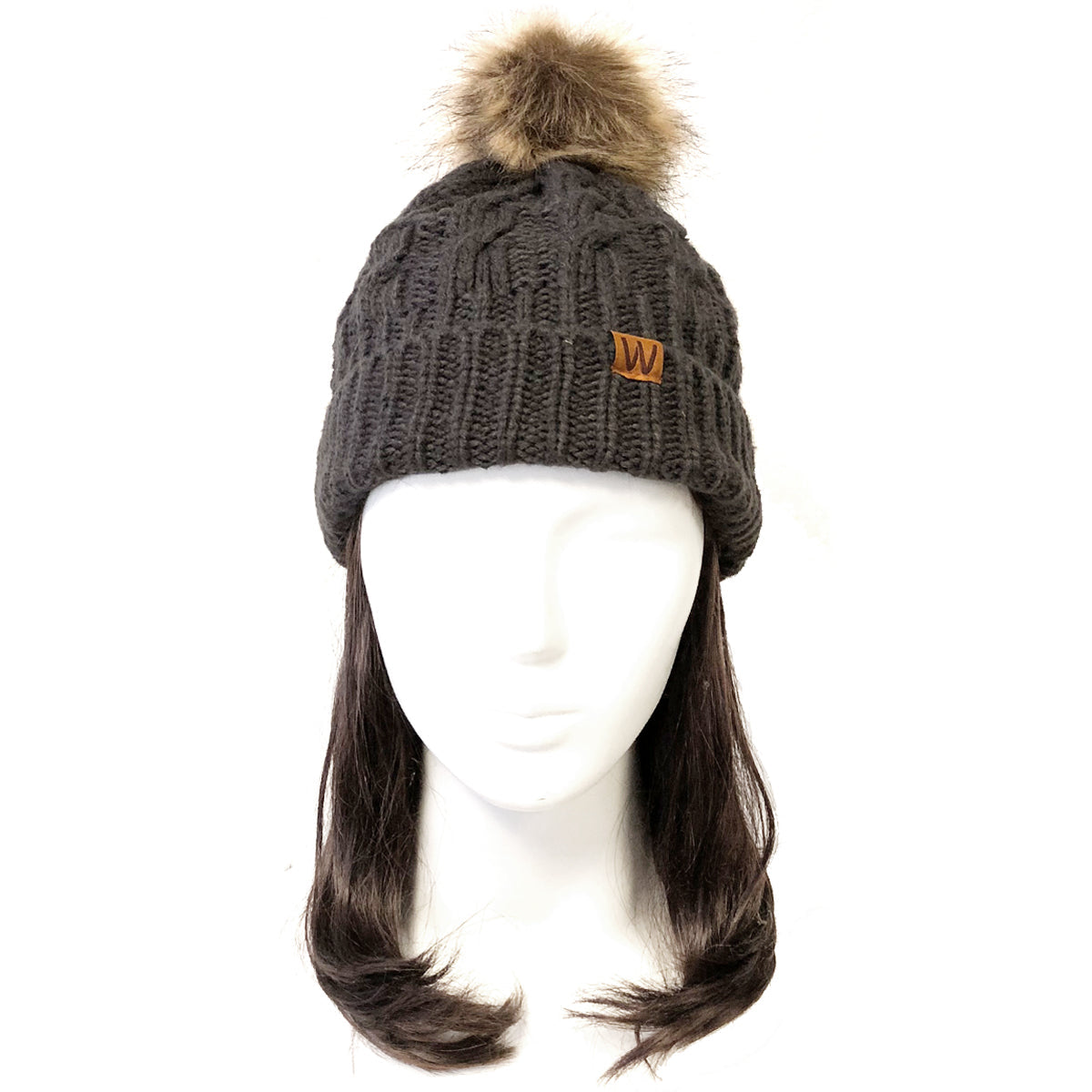 Wrapables Cable Knit Faux Fur Pom Pom Beanie, Adult Charcoal Gray