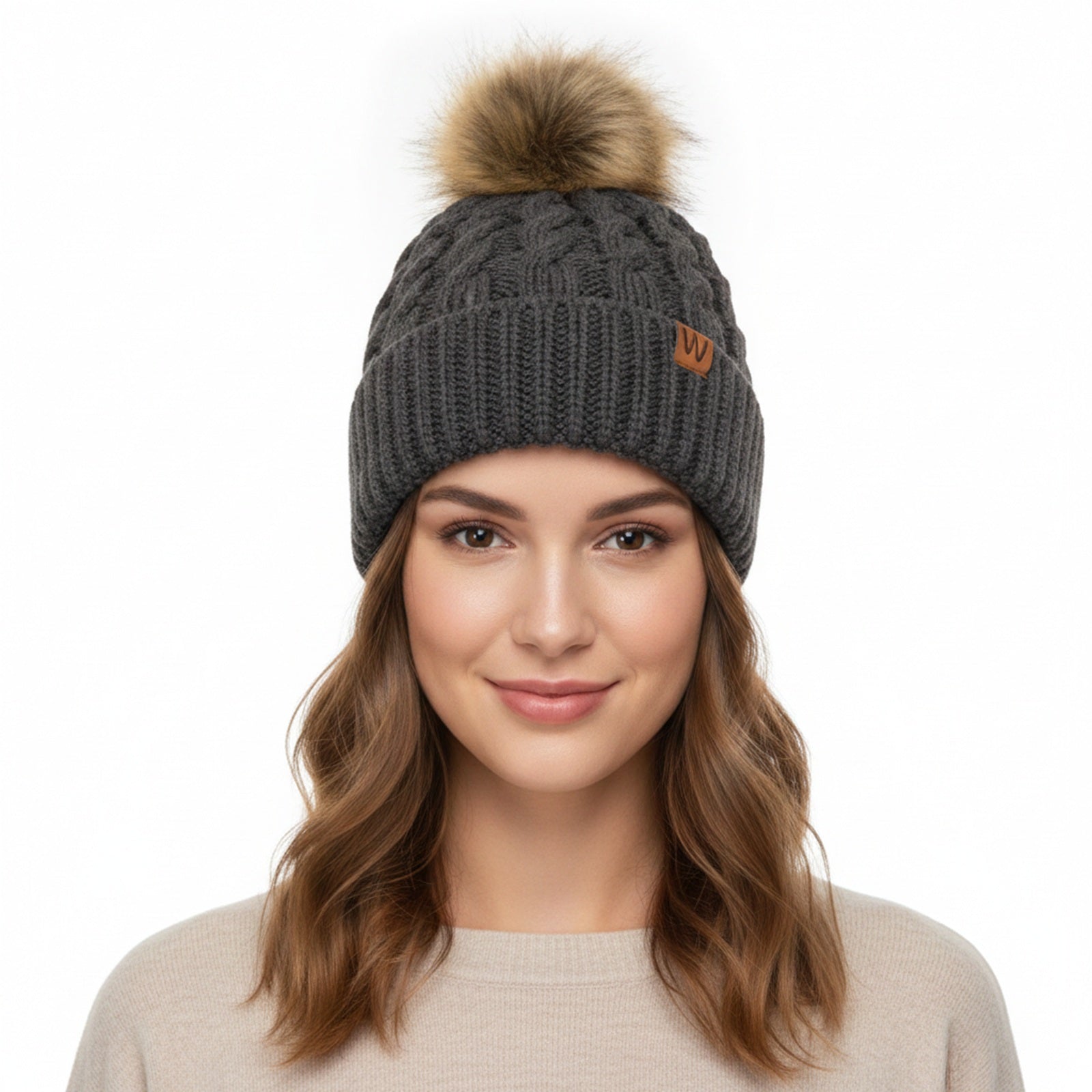 Wrapables Cable Knit Faux Fur Pom Pom Beanie