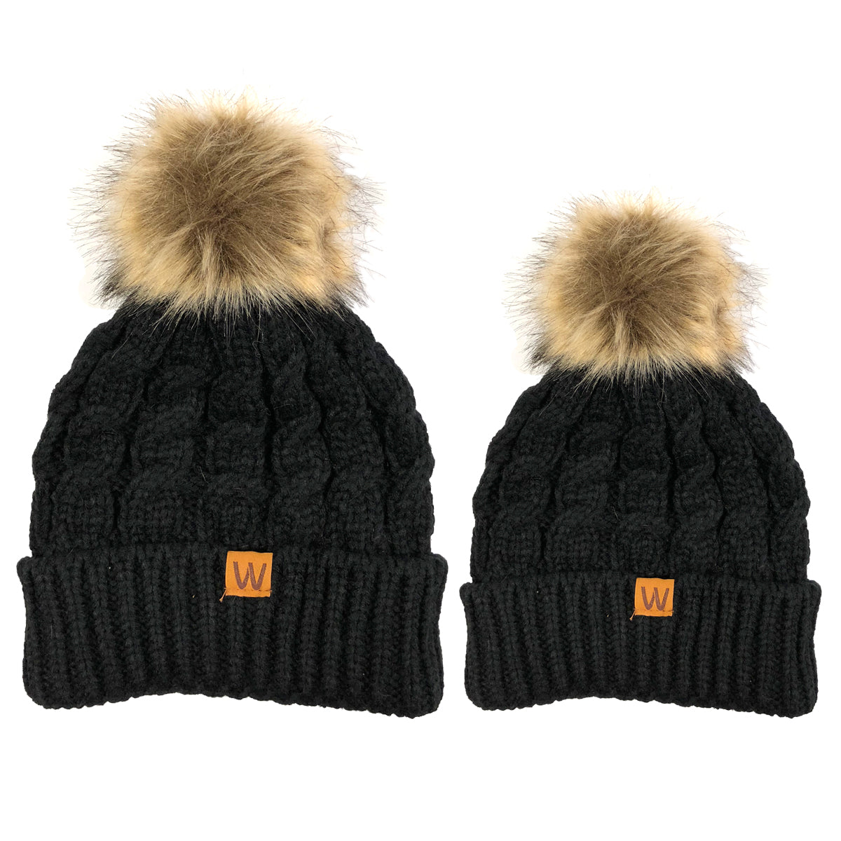 Wrapables Cable Knit Faux Fur Pom Pom Beanie, Mommy & Me Set Black