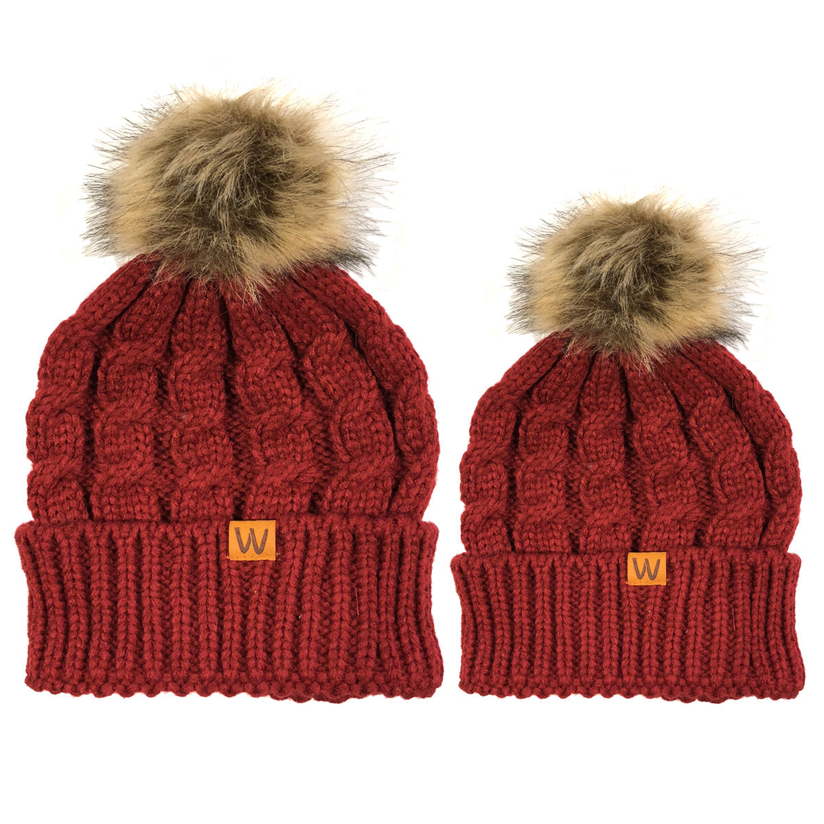 Wrapables Cable Knit Faux Fur Pom Pom Beanie, Mommy & Me Set Burgundy