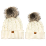 Wrapables Cable Knit Faux Fur Pom Pom Beanie, Mommy & Me Set Cream