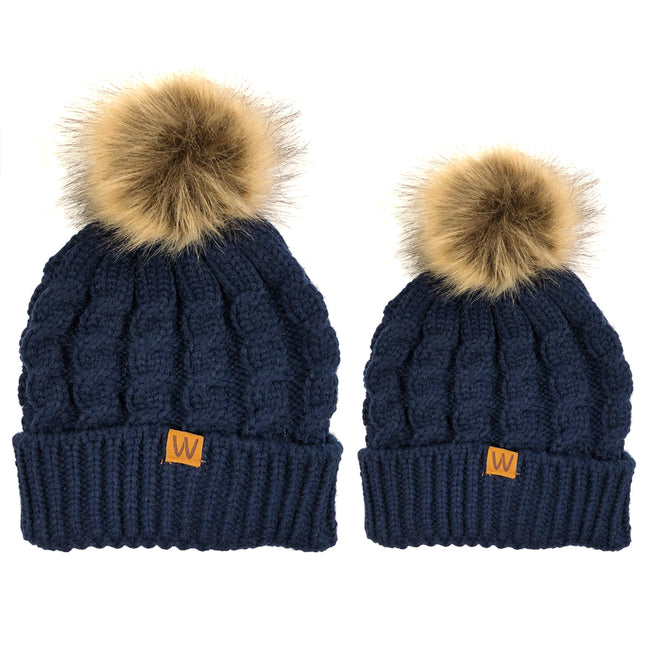 Wrapables Cable Knit Faux Fur Pom Pom Beanie, Mommy & Me Set Dark Blue