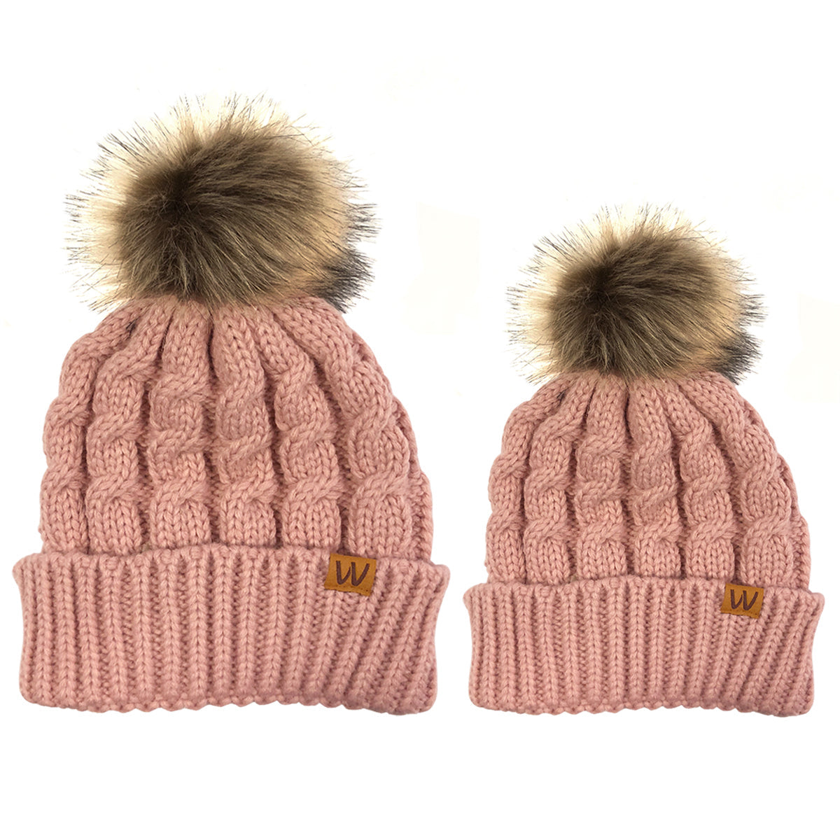 Wrapables Cable Knit Faux Fur Pom Pom Beanie, Mommy & Me Set Pink