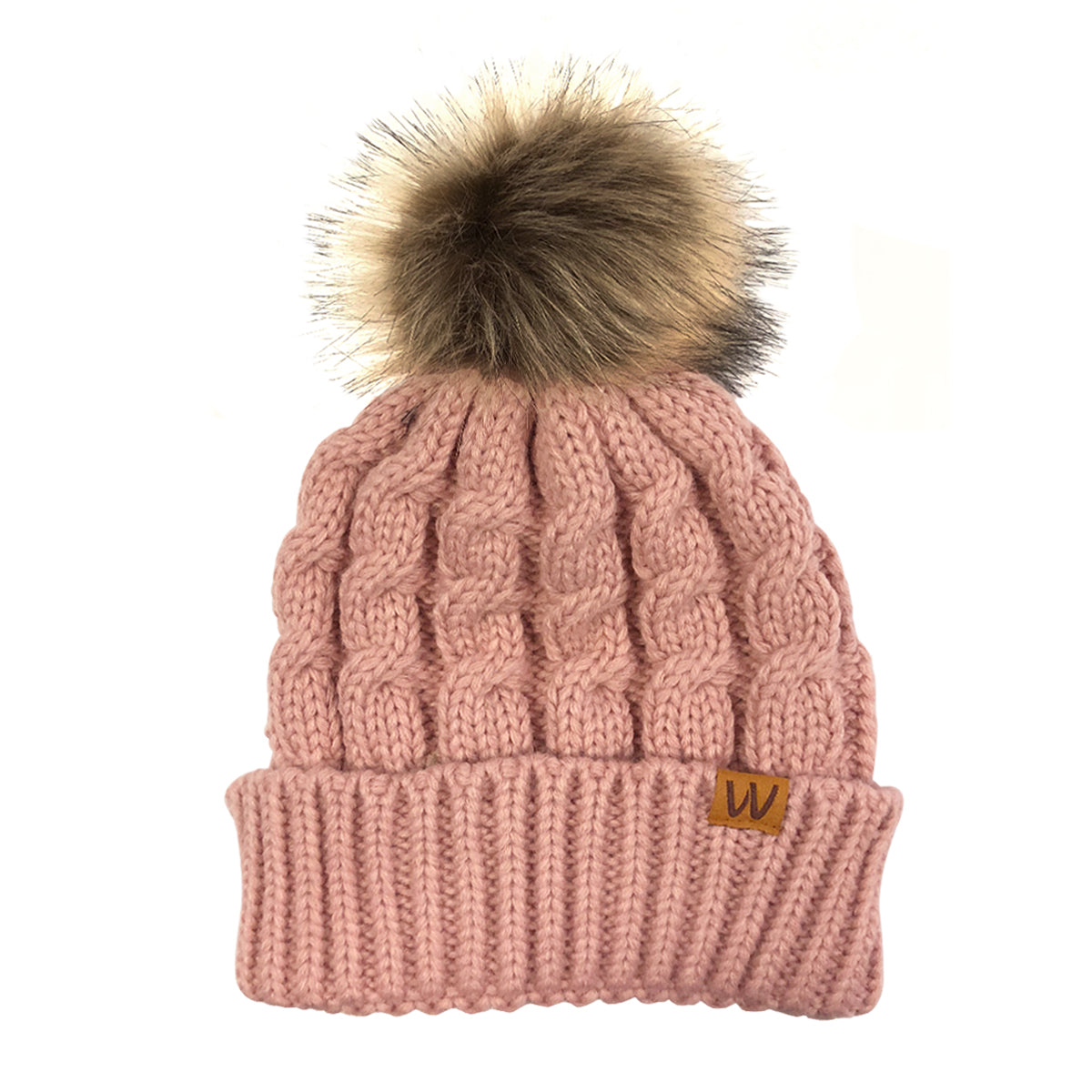 Wrapables Cable Knit Faux Fur Pom Pom Beanie, Mommy & Me Set Pink