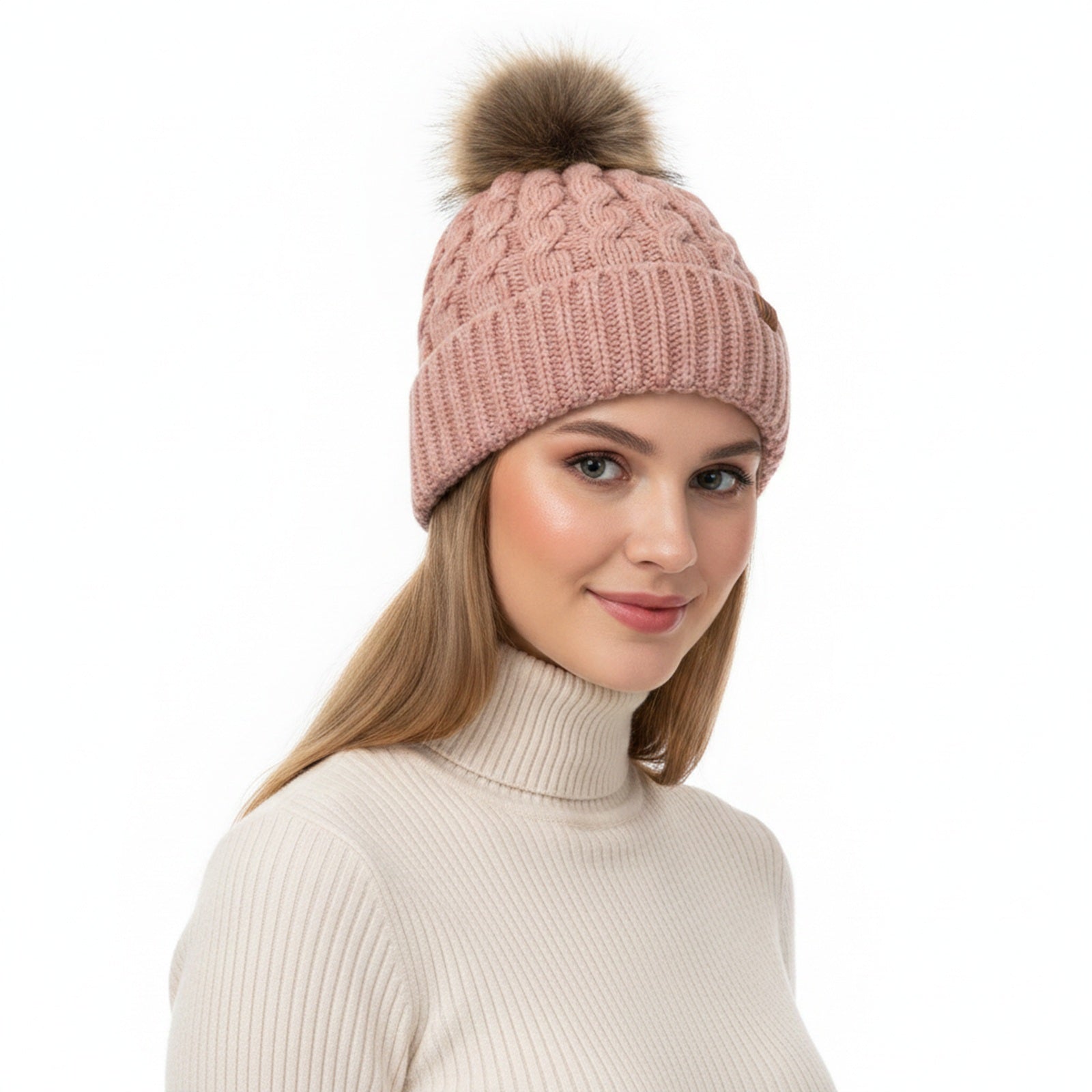 Wrapables Cable Knit Faux Fur Pom Pom Beanie