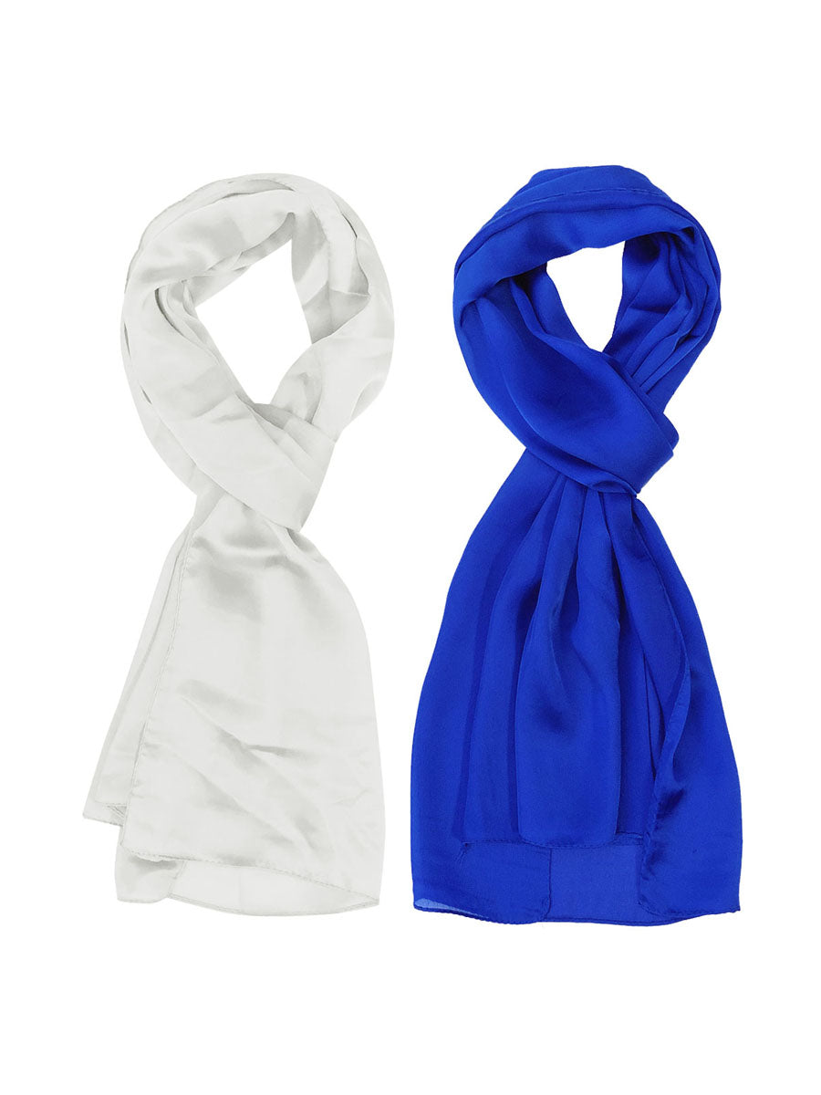 Wrapables Lightweight Silky Satin Solid Colored Scarf (Set of 2), Midnight Blue and White