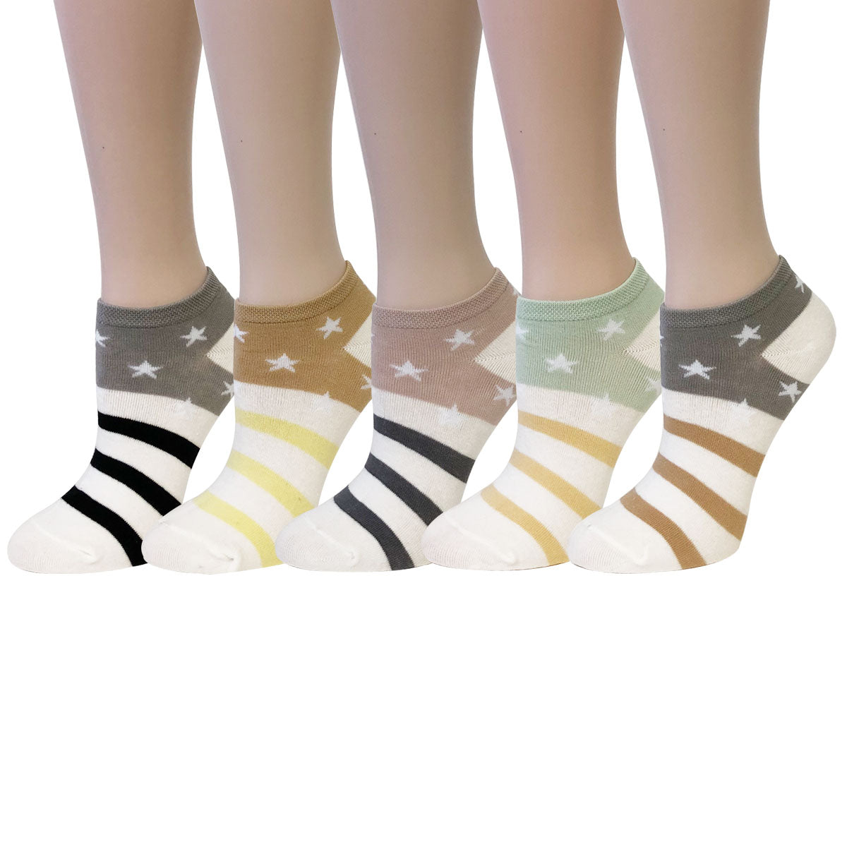 Wrapables Colorful No Show Ankle Socks (Set of 5), Stars and Stripes